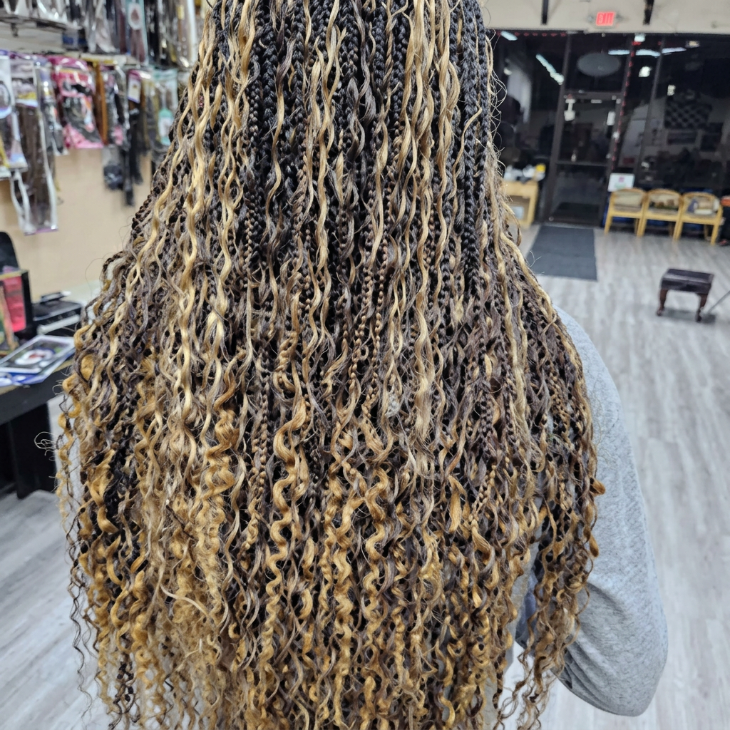 Long highlighted braids styled at A 1 Braids